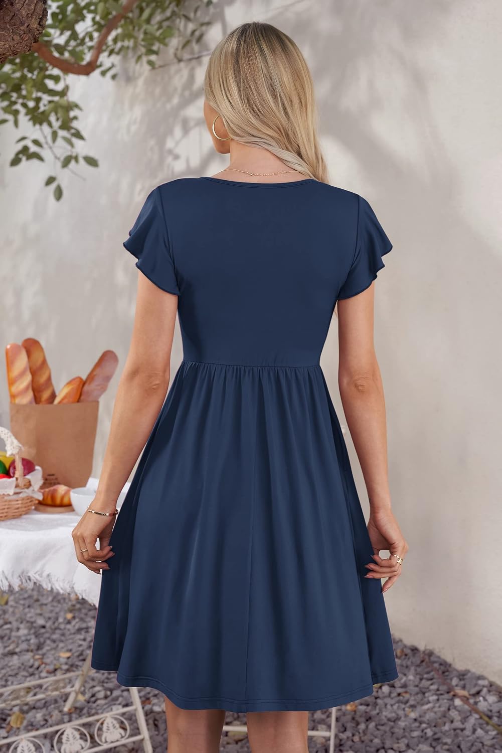 Detalle de MOLERANI Damen Sommerkleid mit Rüschenärmeln, V-Ausschnitt und Taschen – elastischer Taillen-Swing im Midi-Format