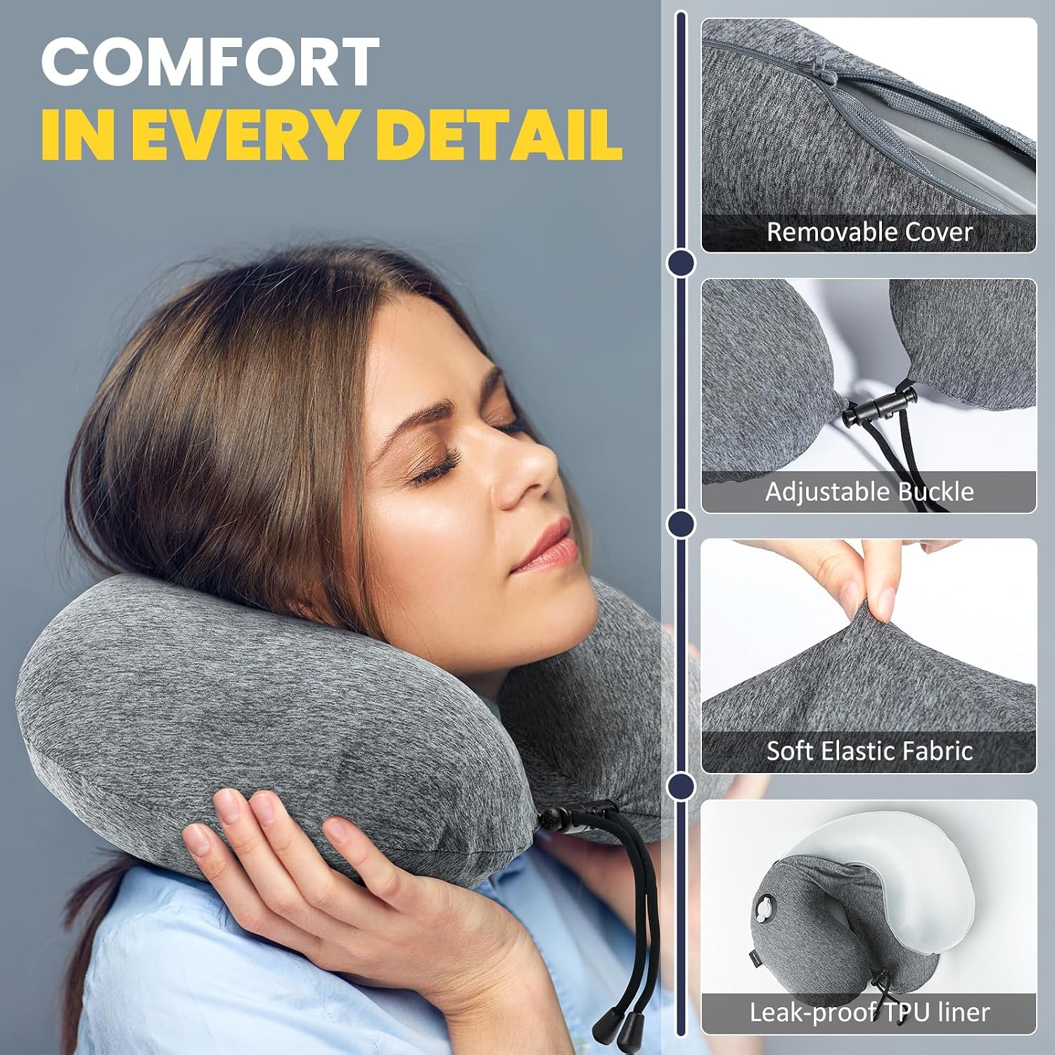 Thumbnail 2 de HIKENTURE Neck Pillow for Travel – Inflatable, Removable Cover, Portable Ergonomic Flight Pillow (Grey)