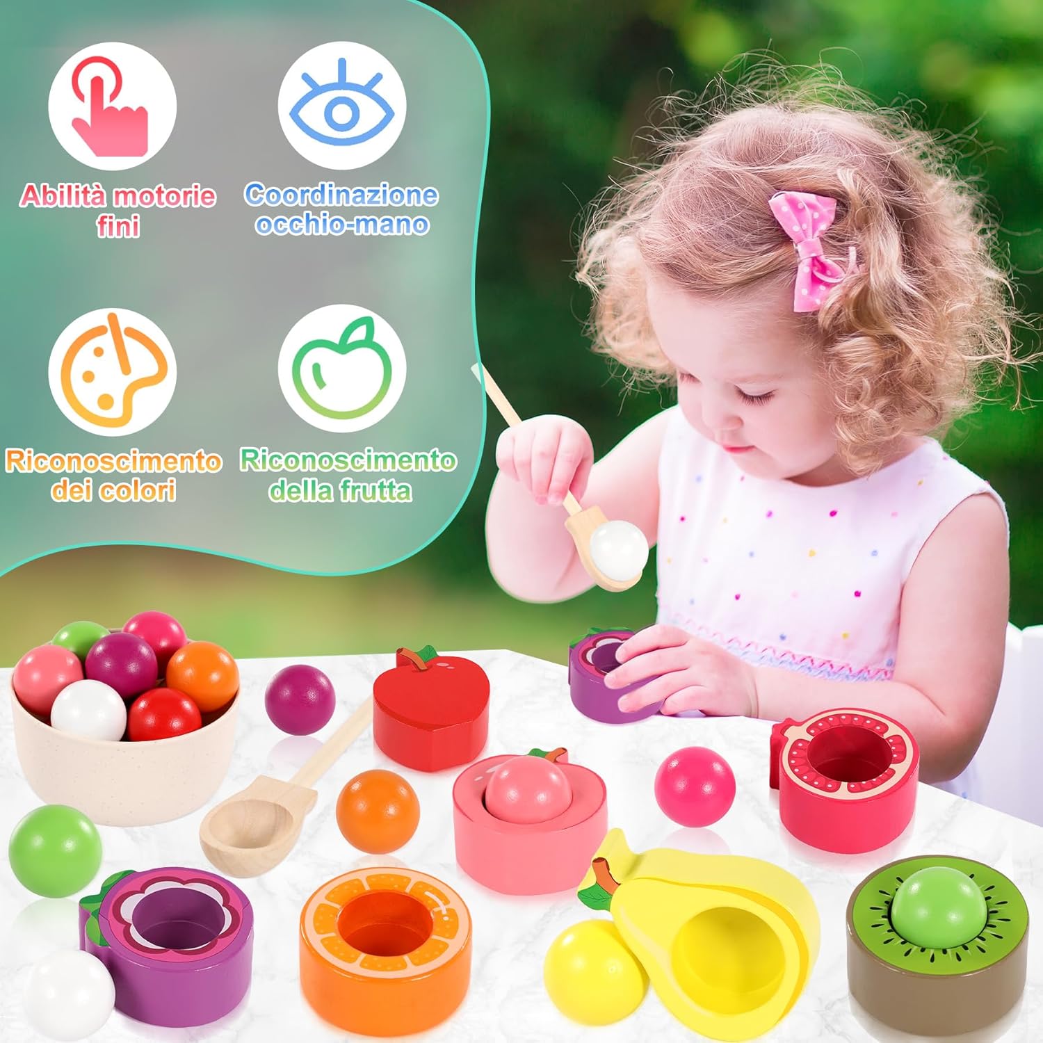 Detalle de Seagoal Giochi Montessori 1 2 3 Anno – Set di frutta in legno per sviluppo sensoriale e coordinazione