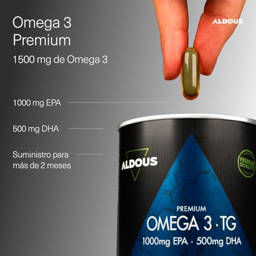 Detalle 2 de Omega 3 Capsulas Premium de Aldous Bio: 1500 mg de Omega 3 (EPA 1000 mg / DHA 500 mg) en TG, 150 cápsulas