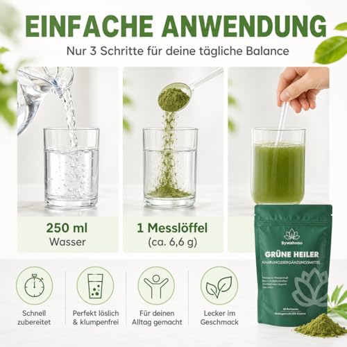 Detalle 2 de Grüne Entgiftungspulver – Bywahvoo, 200 g – Matcha, Gerstengras, Spirulina & Heidelbeere