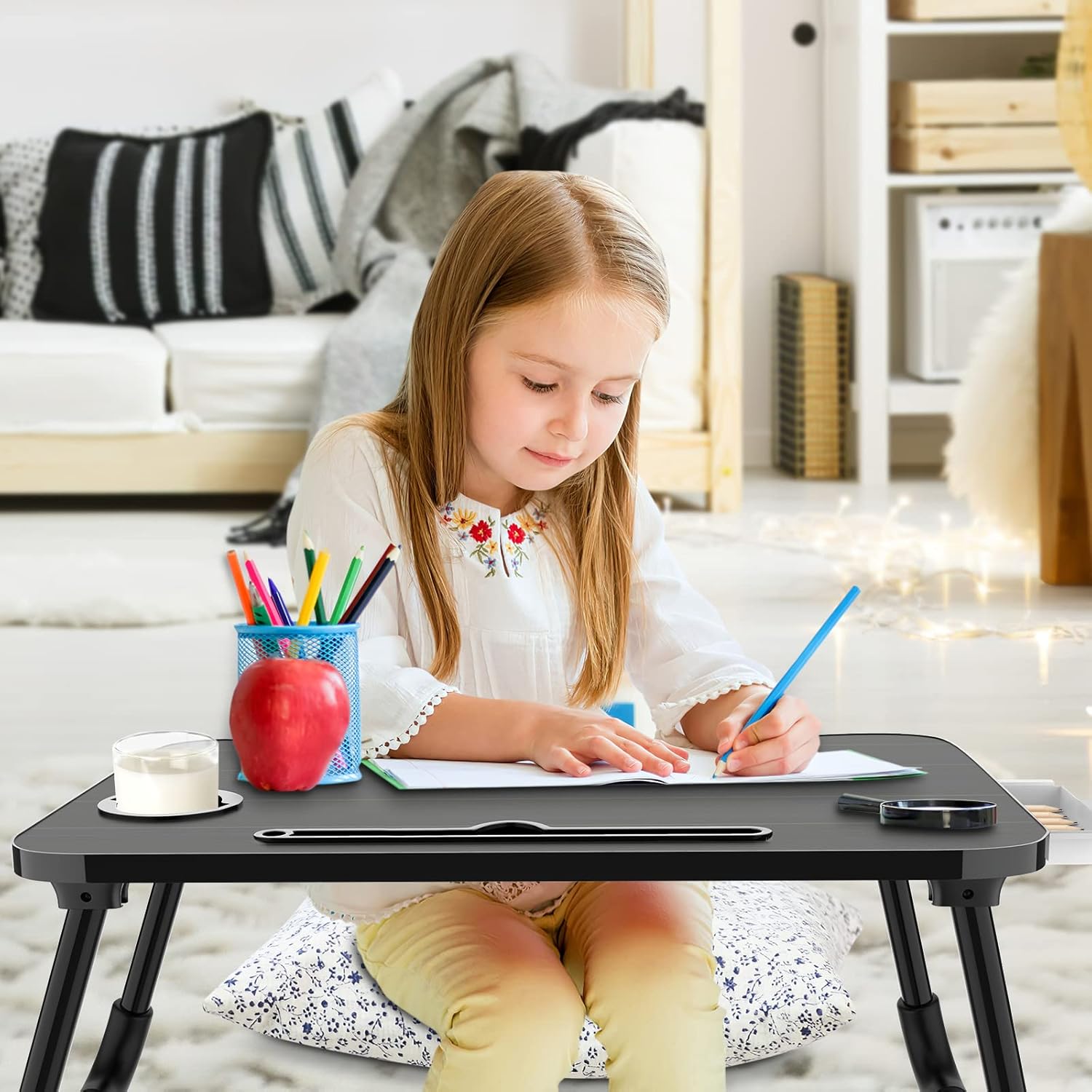 Thumbnail 2 de Zapuno Foldable Laptop Bed Table with Storage Drawer, Cup Holder & Phone/Tablet Slot (Arc Shape)