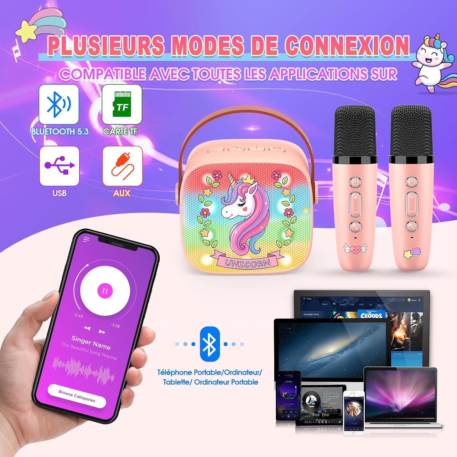 Detalle de Dislocati Micro Karaoke Enfant avec 2 Microphones Sans Fil Bluetooth – Hypnotisant pour les petites stars