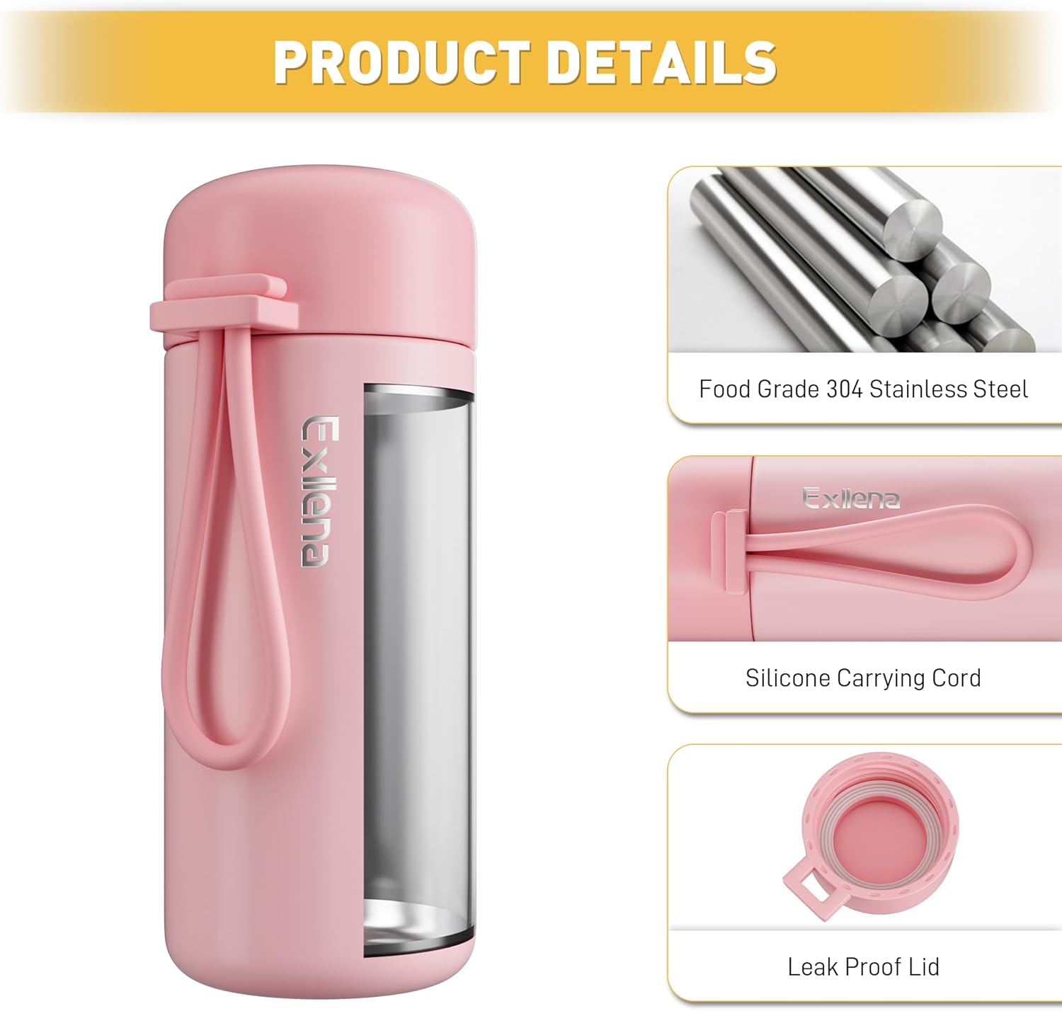 Detalle de Exllena Small Flask 150ml – 304 Stainless Steel, Double‑Wall Vacuum Insulation, Leakproof with Carry Handle (Pink)