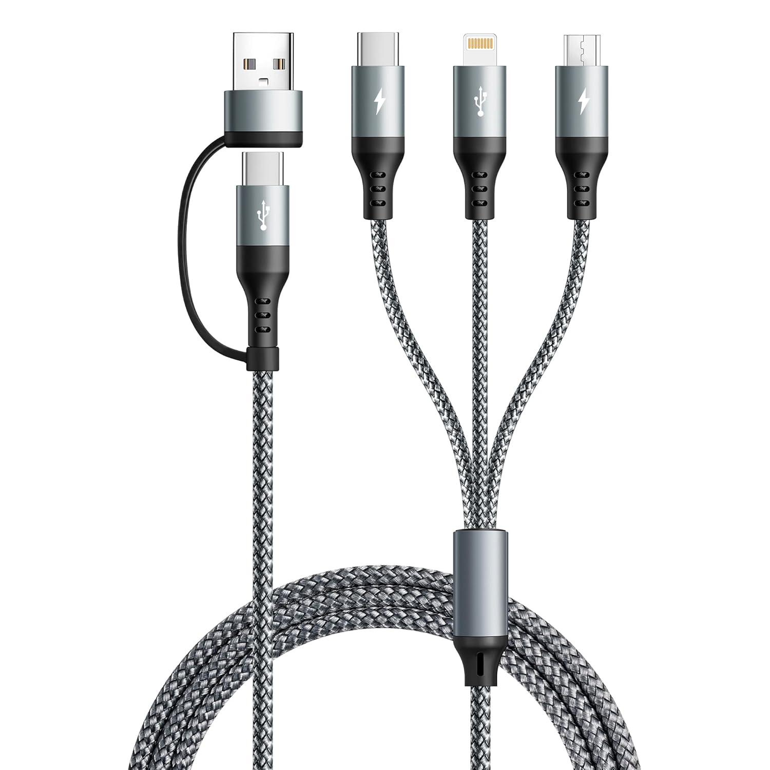Detalle de UZAHSK 5-in-1-Multiladekabel mit Datenübertragung – 1,2 m USB-A zu USB-C/Lightning/Micro-USB