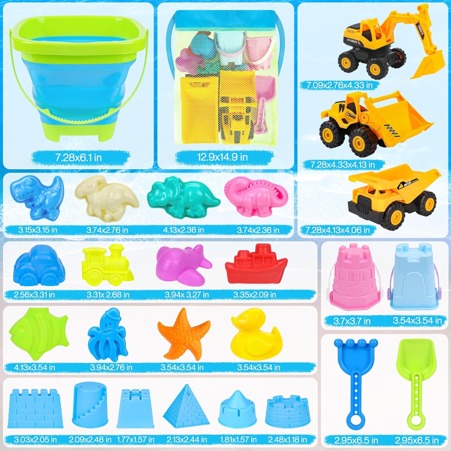 Thumbnail 5 de FHOZGECY Beach Sand Toys: 3 Construction Vehicles & 3 Collapsible Buckets for Outdoor Play