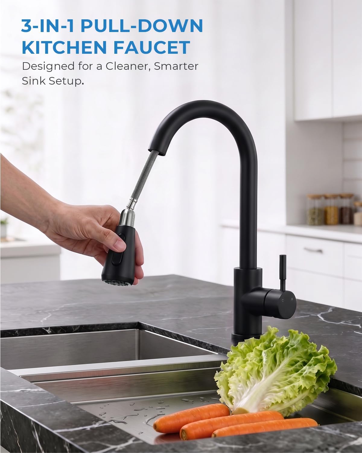 Detalle de VFAUOSIT 06MBV Black Kitchen Faucet with Pull-Down Sprayer, 3 Modes