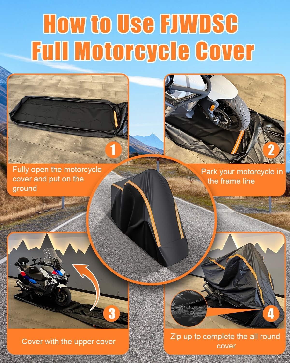 Detalle de FJWDSC Full Enclosed Motorbike Cover (600D) – Waterproof All Weather with Reflective Strips
