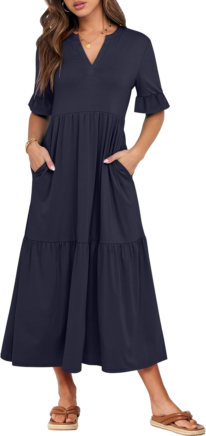 Detalle de ANRABESS Women’s Summer Maxi Dress with Ruffle Short Sleeves, V-Neck & Tiered Skirt