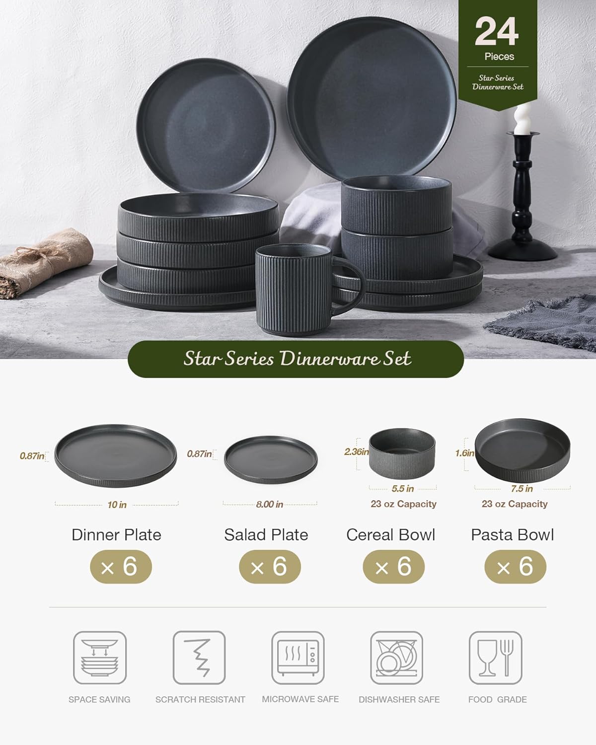 Thumbnail 2 de Famiware Star Dinnerware Set with Pasta Bowls (24 Pieces) — Ribbed Stoneware, Service for 6