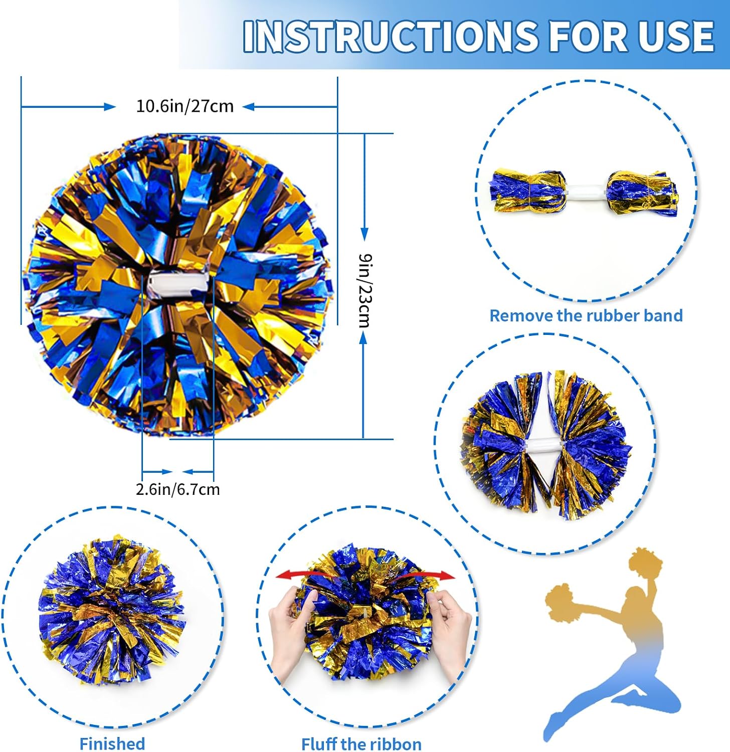 Detalle de CREATIEE-PRO Cheer Pom Poms, 4-Piece Metallic Blue and Gold Set