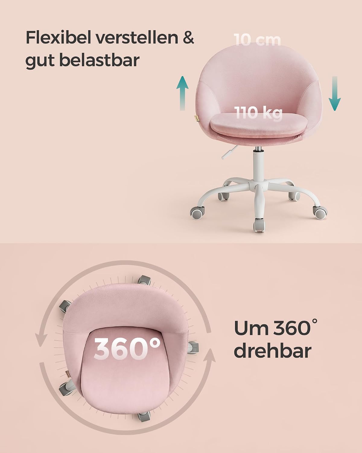 Thumbnail 6 de SONGMICS Homeoffice- & Schminkstuhl aus Samt OBG020R02, höhenverstellbar, pastellrosa