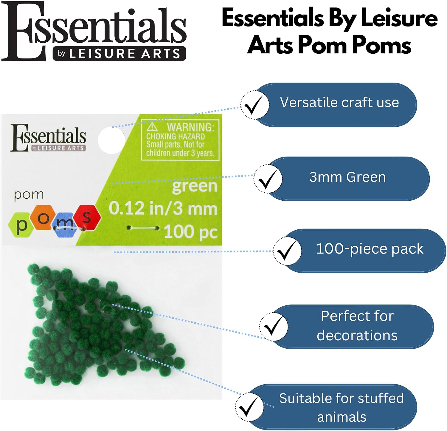 Detalle 2 de Essentials By Leisure Arts EBL Pom Pom 3mm Green 100pc コットンポンポン グリーン・3mm・100個入り