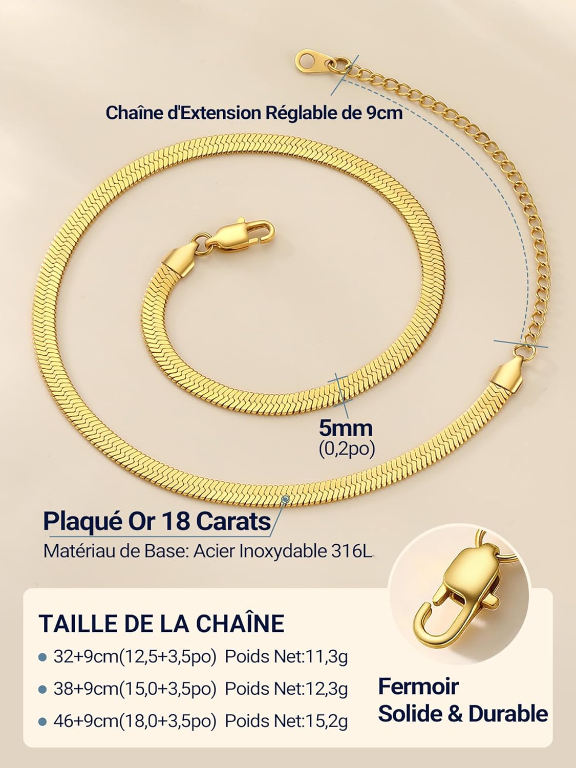 Thumbnail 2 de PROSTEEL collier ras du cou femme en acier inoxydable 316L plaqué or jaune et mailles miroir (5 mm)