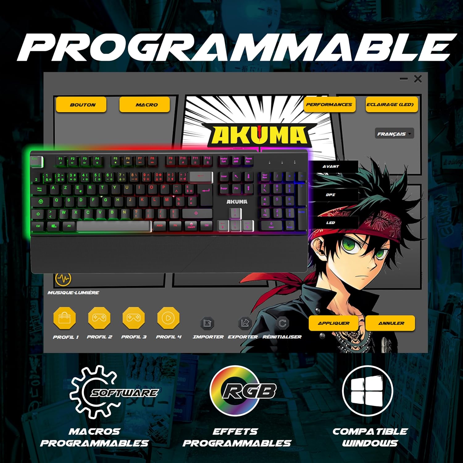 Detalle 2 de AKUMA AKSHOK02 – membranowa klawiatura gamingowa AZERTY z RGB