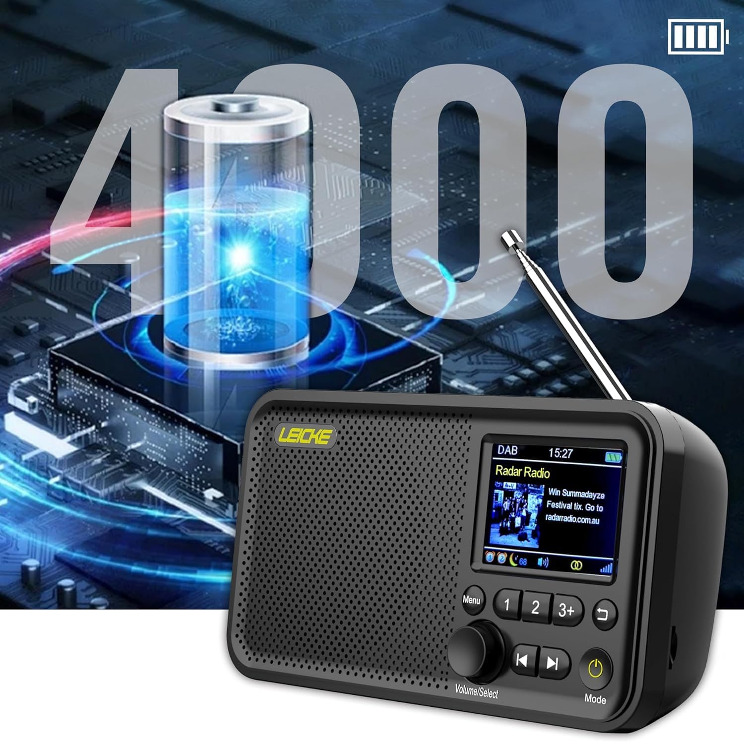 Thumbnail 2 de LEICKE DAB+ Radio portatile con Bluetooth 5.0 e display a colori 2,4": DAB+/FM, batteria 4000 mAh, Bluetooth e doppia allarme