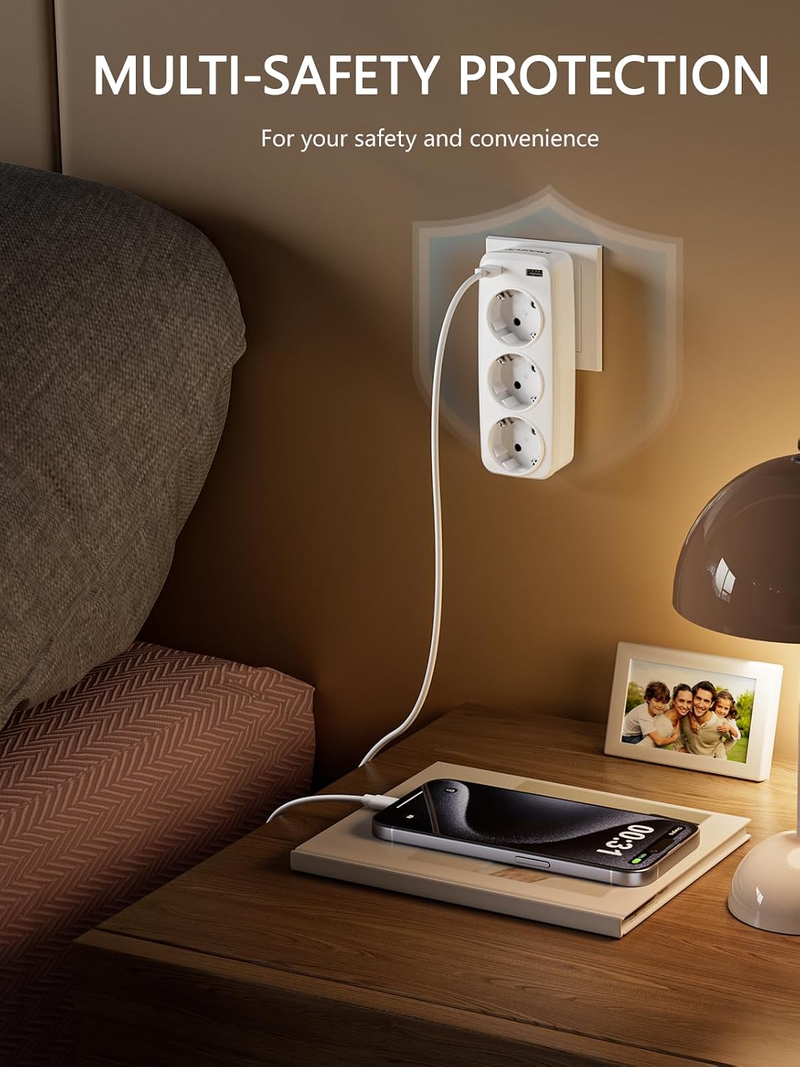 Detalle de LENCENT PAWEIYA-USB4000-3S2U stopcontactadapter met 3 geaarde aansluitingen en 2 USB-poorten