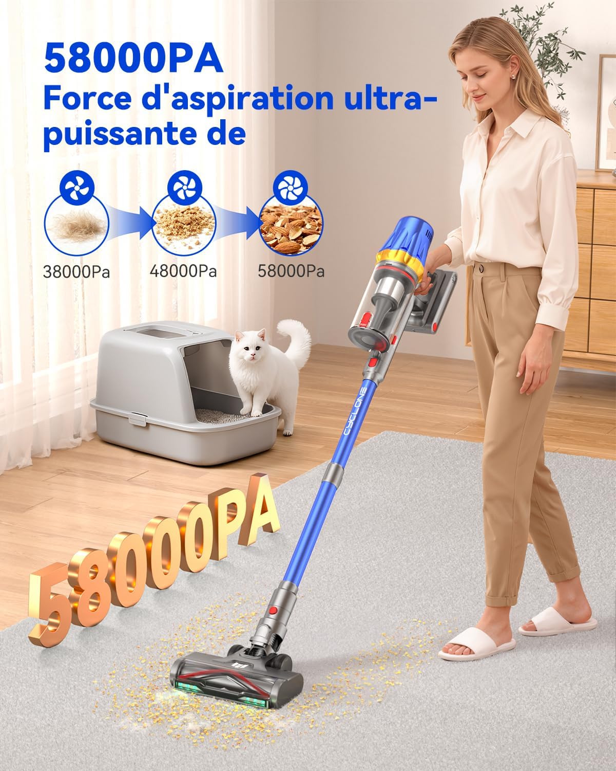 Detalle 2 de Huhuba H9 draadloze steelstofzuiger, 58 kPa, 650 W en anti-klitborstel