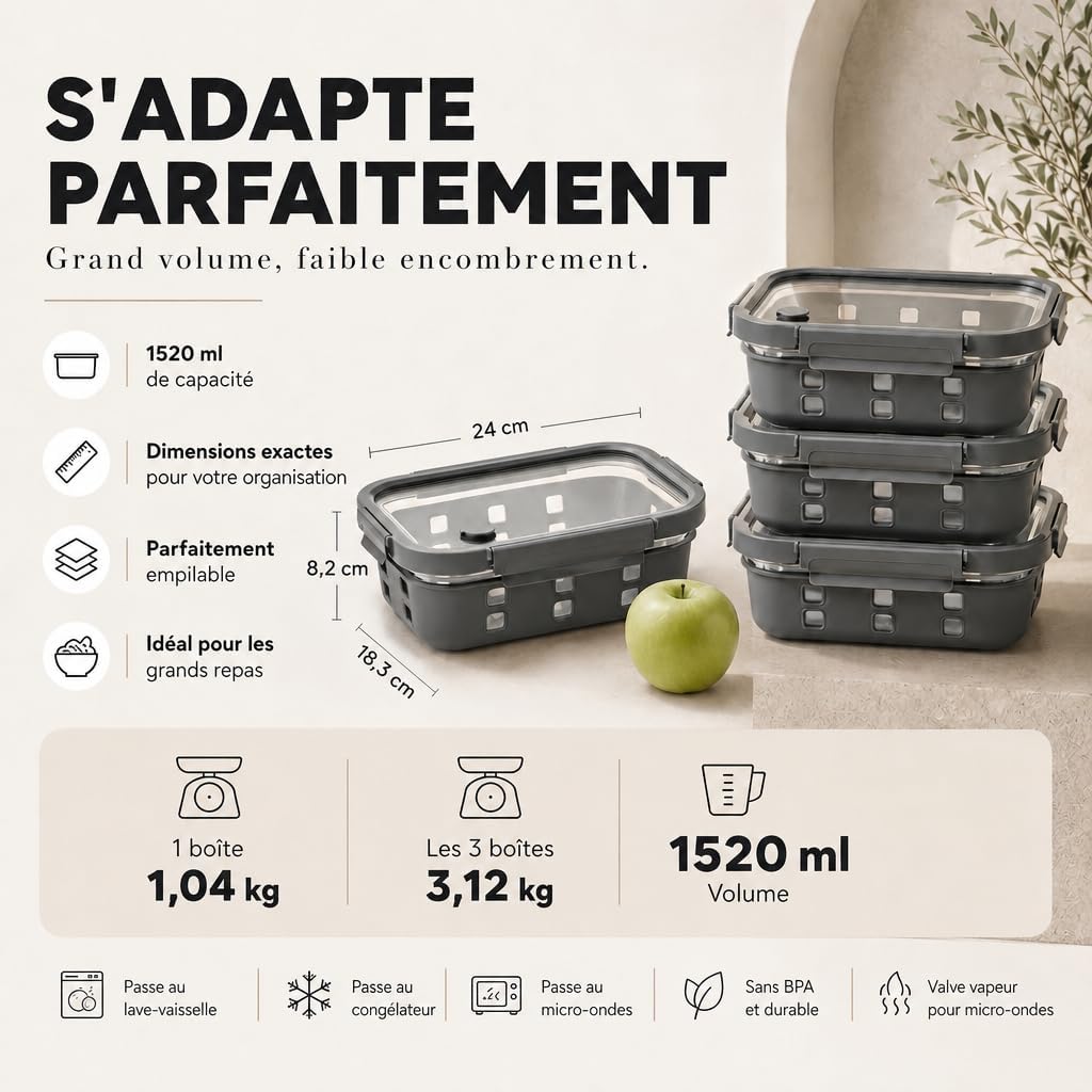 Detalle de Dalena Home Tarifa mealprepboxen, 3 x 1.520 ml, glazen deksel en siliconen hoes