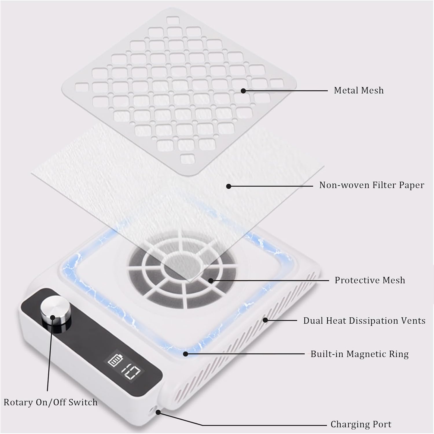 Detalle de Cordless Nail Dust Collector: a practical, rechargeable option for salon and home use