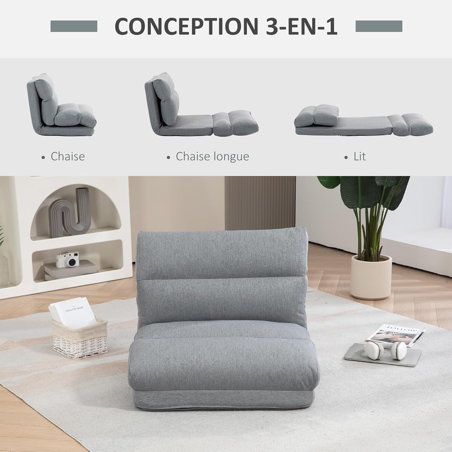 Thumbnail 3 de HOMCOM Canapé Paresseux chauffeuse 1 place – Fauteuil convertible en lit gris