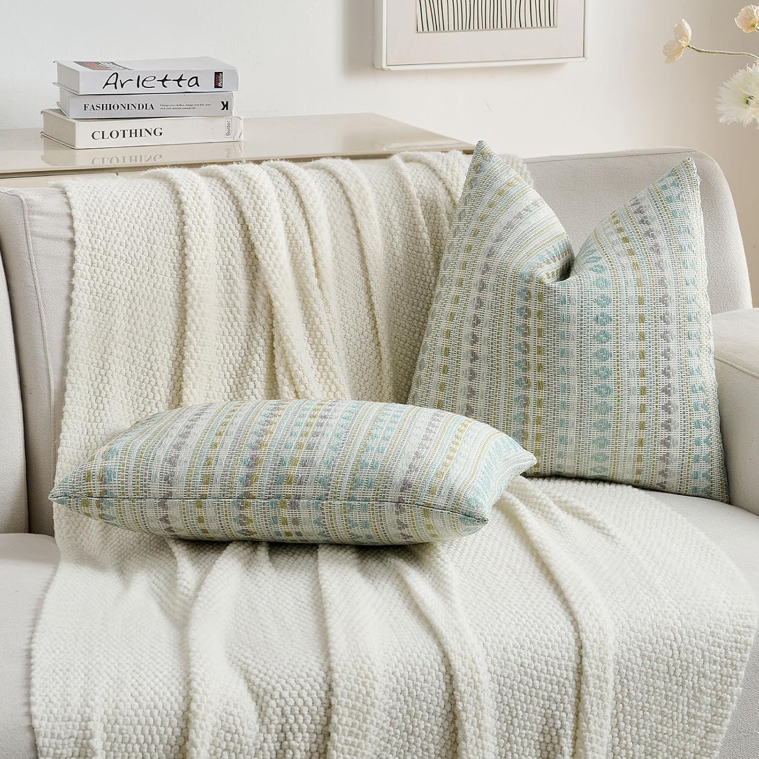 Thumbnail 4 de Ystyle Housse de coussin 45x45 (lot de 2) en chenille à rayures champêtre, bleu-vert