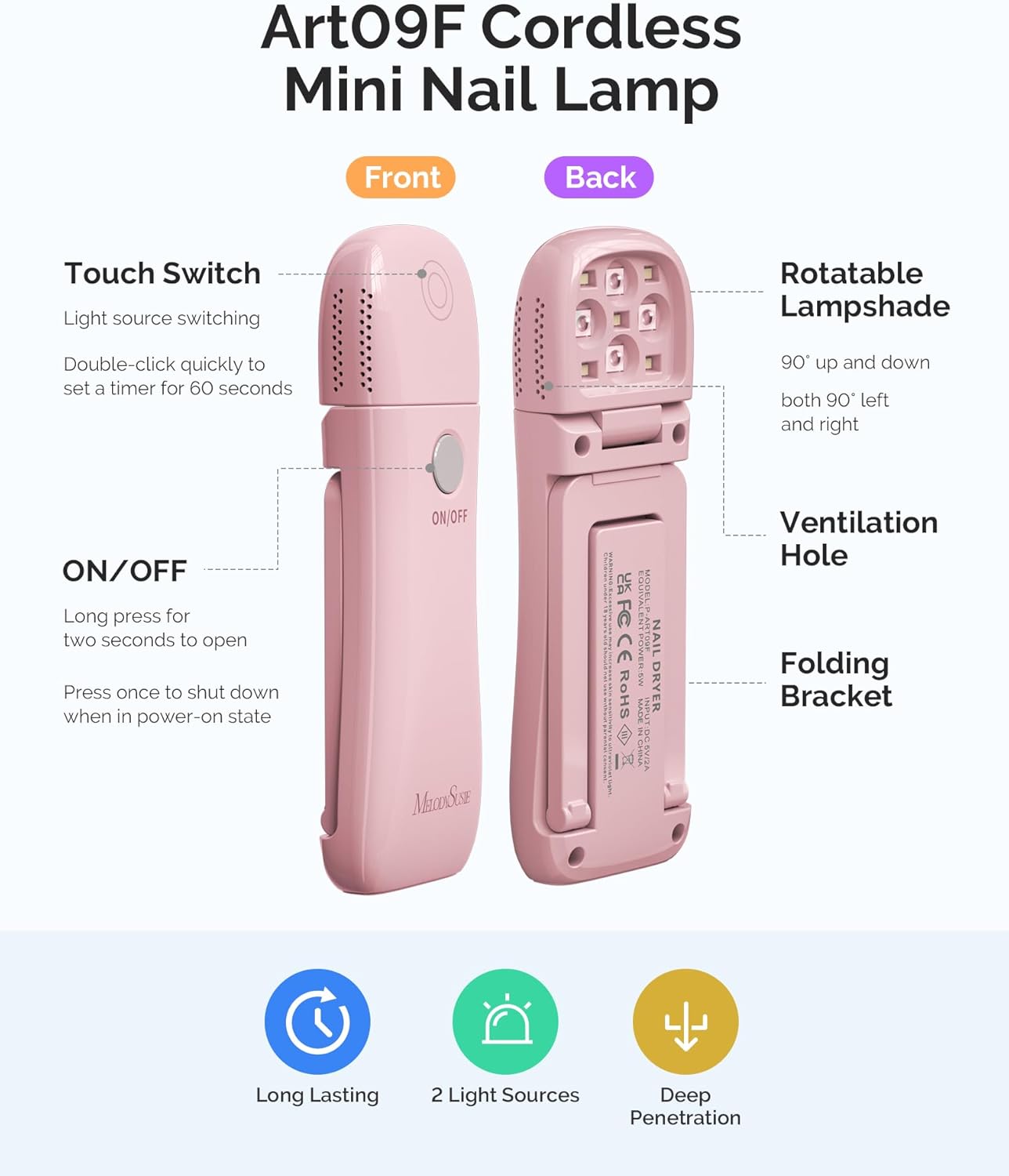 Detalle de Melodysusie ART09F Cordless Handheld UV Light for Gel Nails (Pink) with Folding Stand