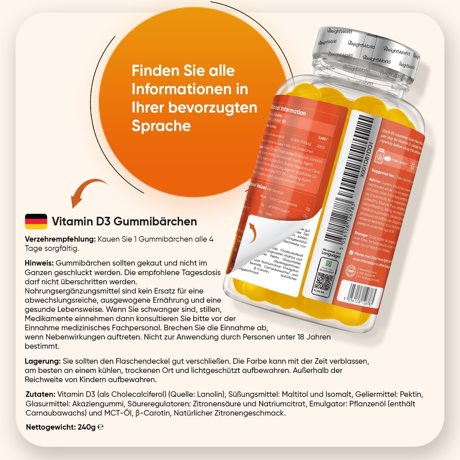 Thumbnail 3 de WeightWorld Vitamin D3 Gummies 4000 I.E. – 120 zuckerfreie Gummibärchen mit Zitronengeschmack