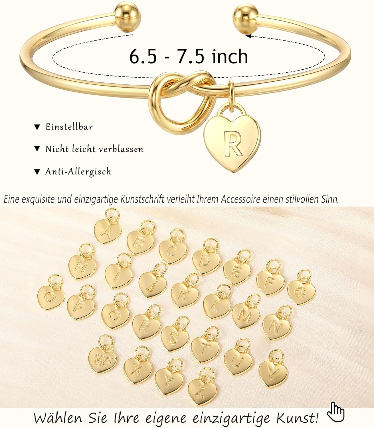 Thumbnail 3 de ZOERAY Armband Damen Gold Silber – Wasserfestes Armband mit Herz-Knoten und Initialen