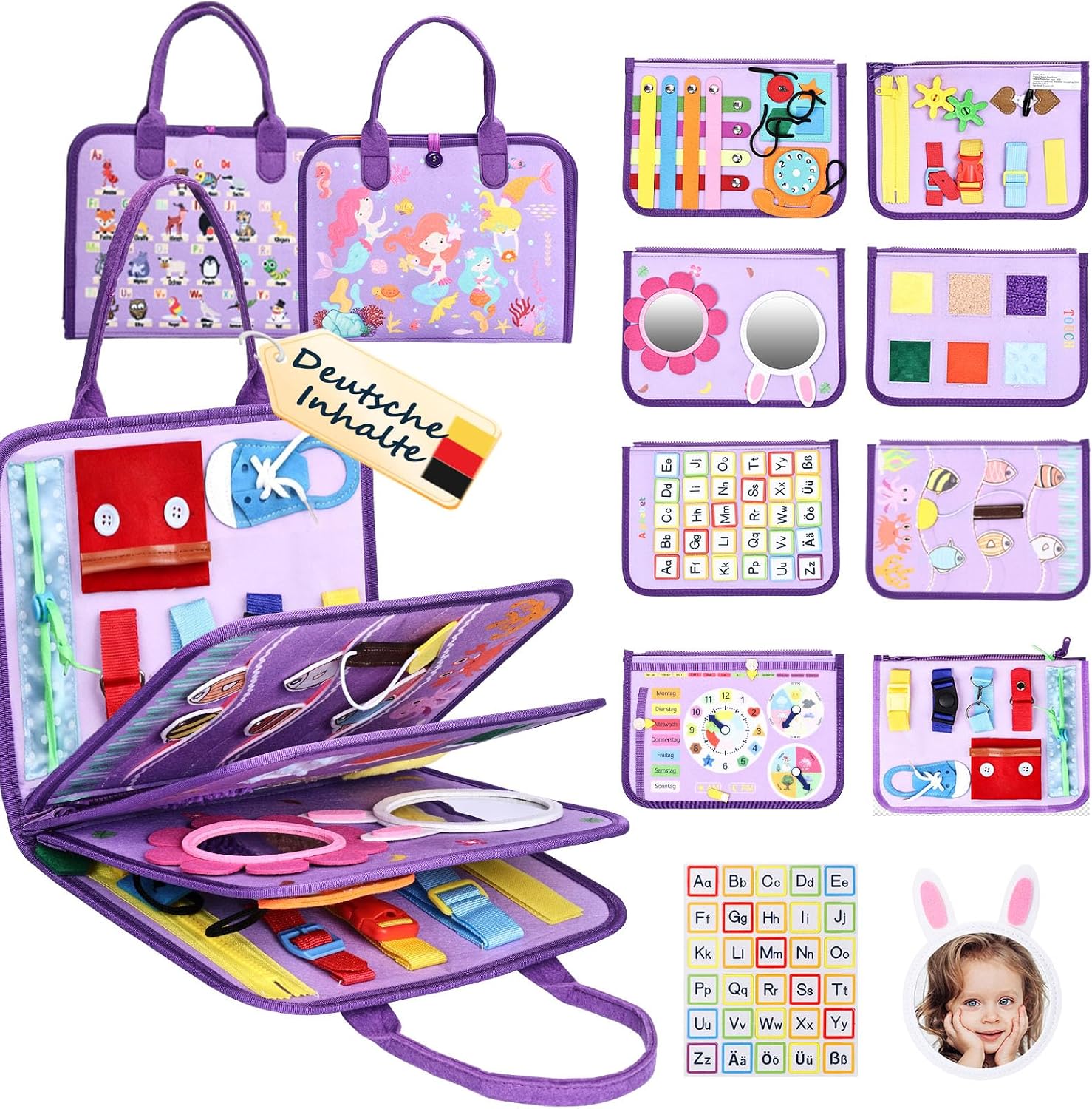 Thumbnail 6 de JHkim Montessori Busy Board (Deutsch) für Kinder ab 1–4 Jahre – Motorikbrett für Reise, Auto & Flugzeug