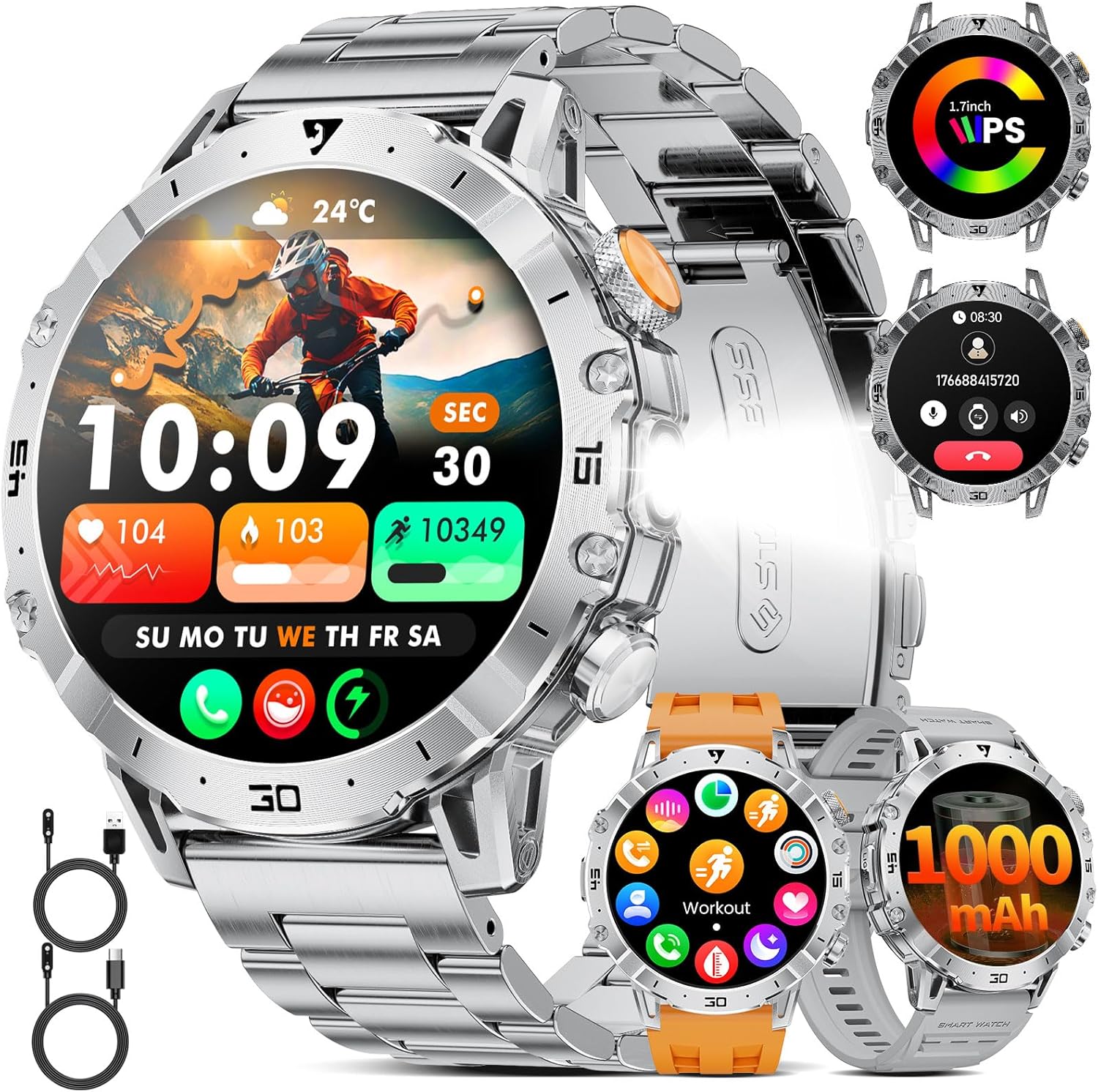 Detalle de SUNKTA Montre Connectée Homme 1000 mAh – 1,7″ HD, 3 bracelets, Bluetooth appels, LED et suivi santé