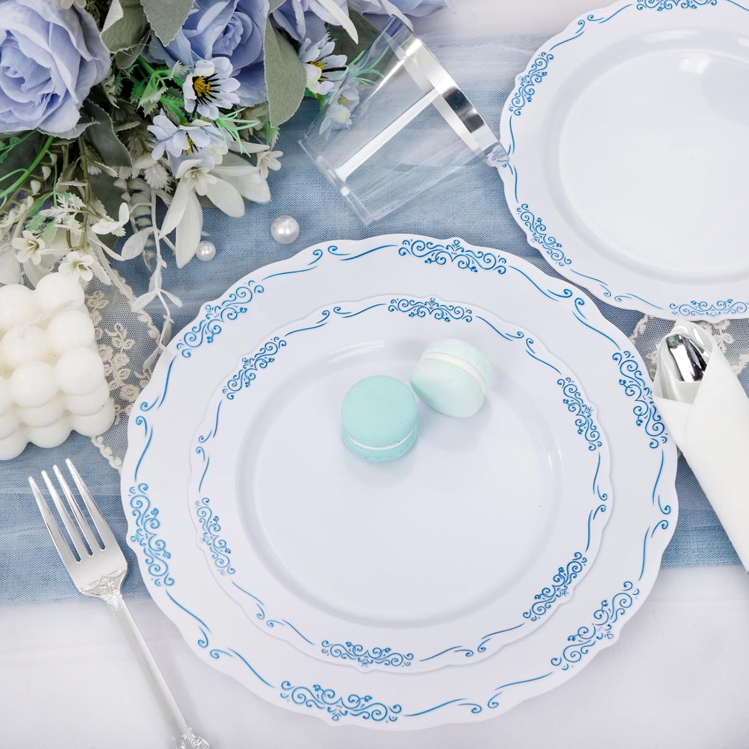 Thumbnail 6 de DaYammi 350Pcs Blue and White Disposable Plate Set with Napkins, Cutlery, and Cups
