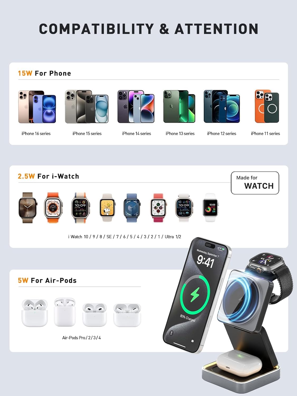 Thumbnail 5 de Tigratigro Caricatore Wireless 3 in 1 Pieghevole: ricarica simultanea per iPhone, Apple Watch e AirPods