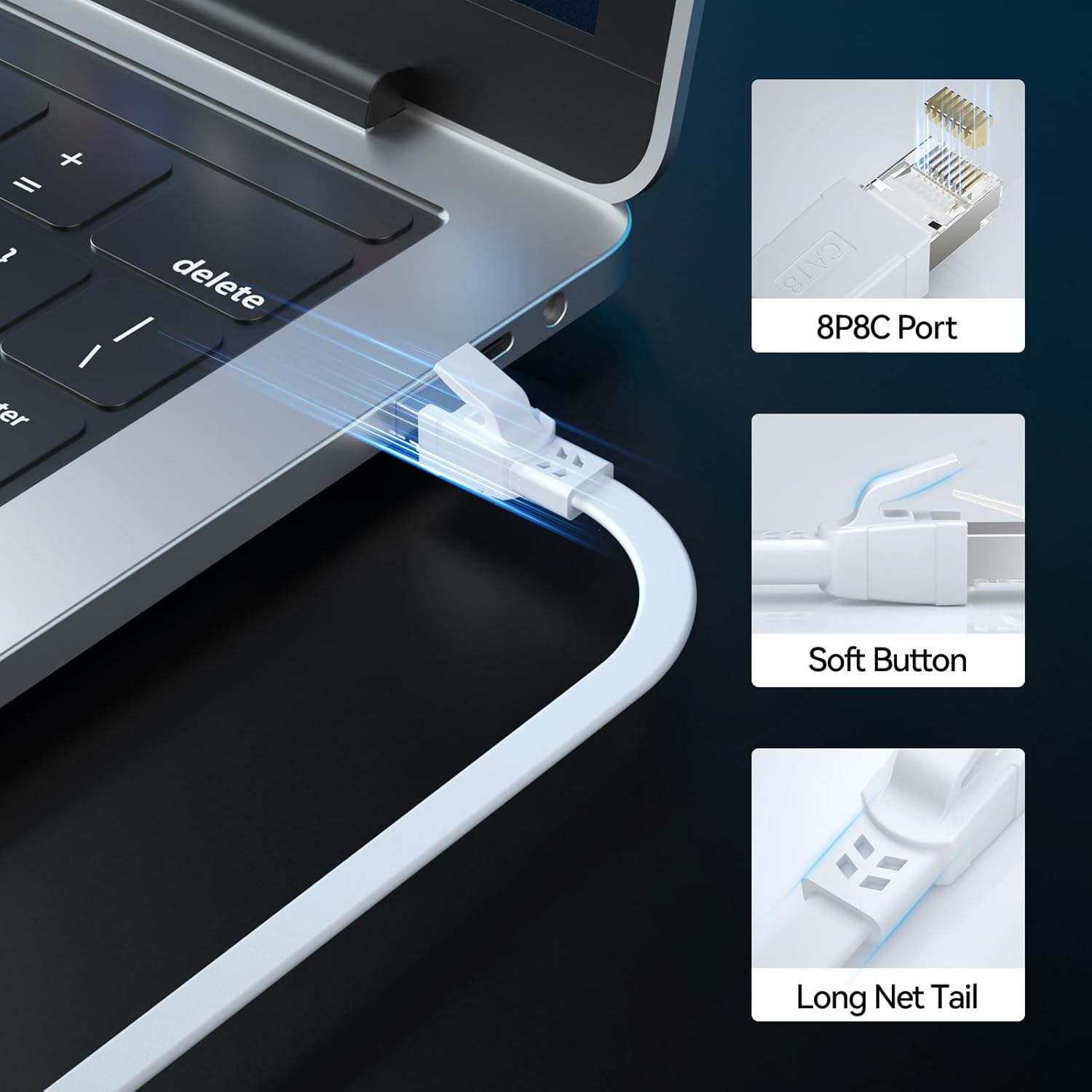 Thumbnail 3 de BAHIWOM Cat8 Ethernet-Kabel 10 m (flach) mit Clips, 40 Gbit/s & 2000 MHz, RJ45 für Router, Modem, PC & Laptop – Weiß