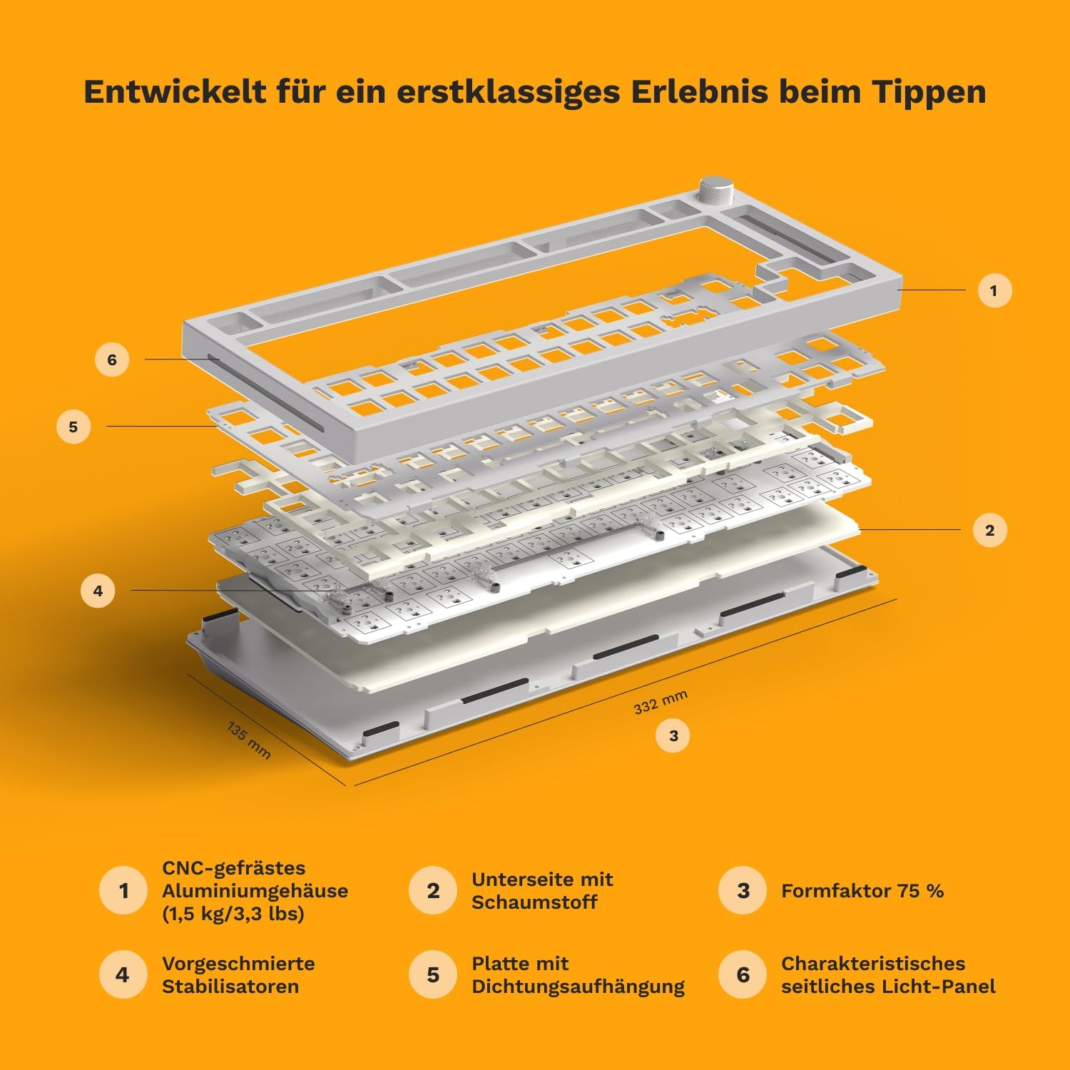 Detalle de GLORIOUS GMMK PRO 75% Barebones Frame – Modulares mechanisches Gaming-Keyboard (ANSI) aus Aluminium