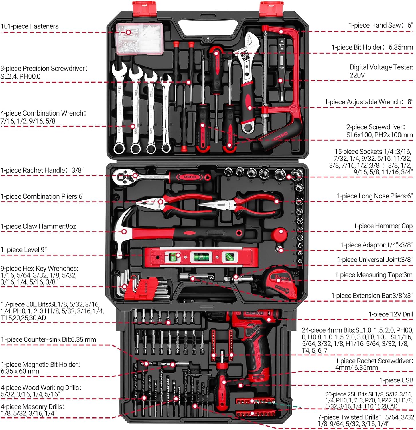 Thumbnail 1 de 238-tlg Werkzeugkoffer Gefüllt: DEKO Set mit 12V Akku-Bohrer – Ordnung, Leistung und Vielseitigkeit