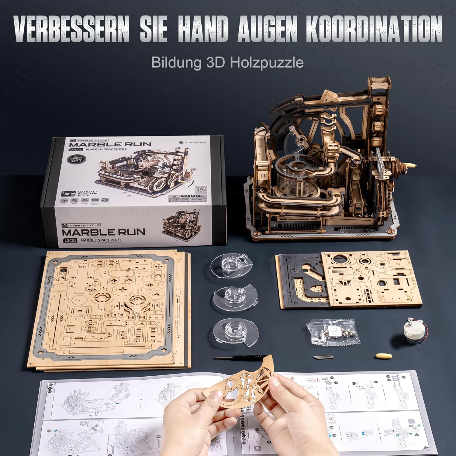 Thumbnail 6 de ROBOTIME Murmelbahn Murmel-Weltraumhafen LGC01 – 3D Holzpuzzle mit Handkurbel und Elektromotor