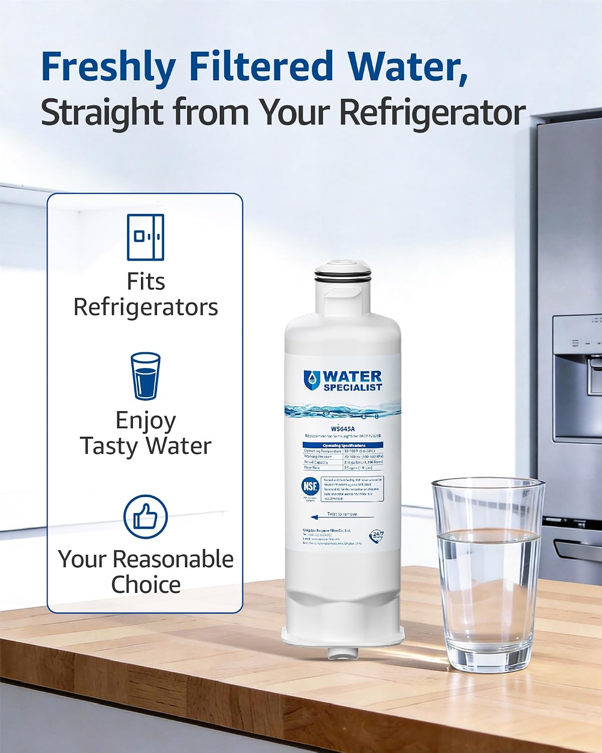 Detalle de Waterspecialist WS645A Refrigerator Water Filter (3 Pack) – Compatible Replacement with Coconut Shell Carbon Block