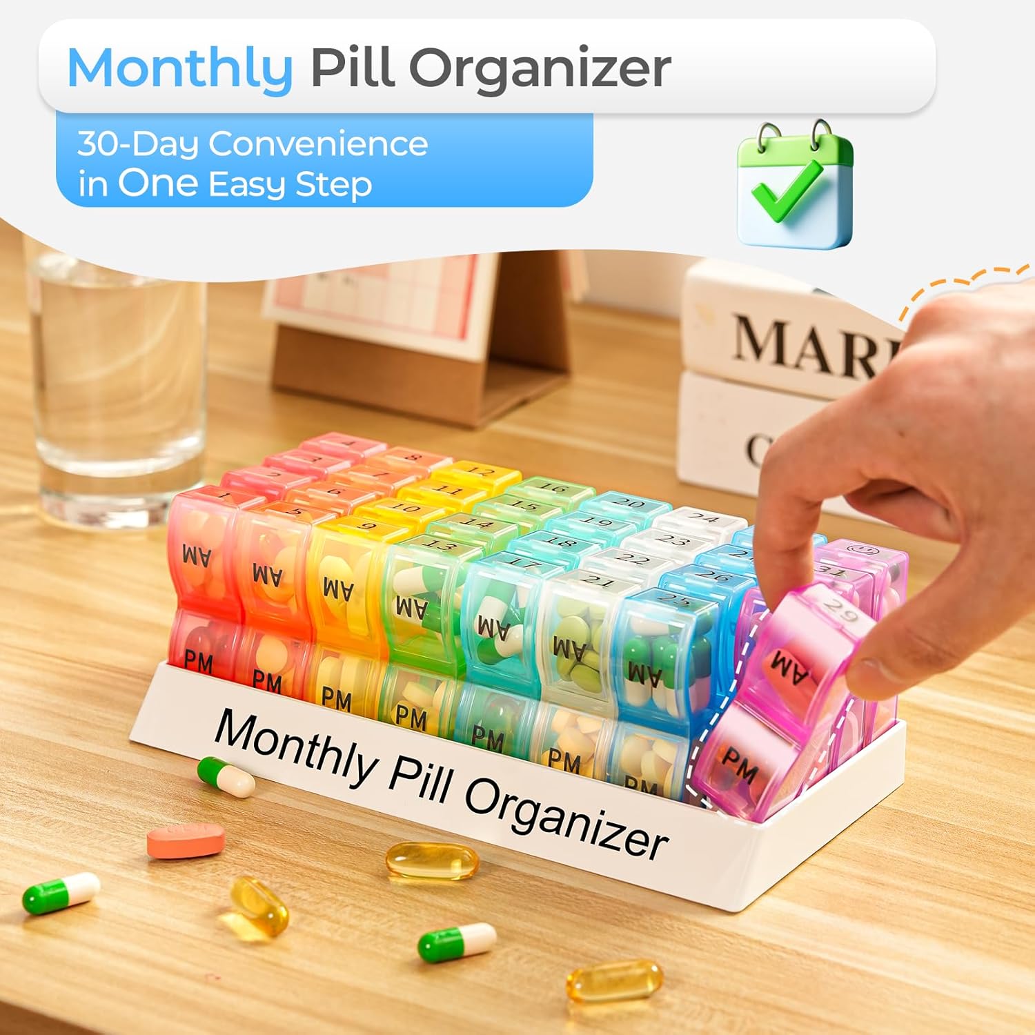 Detalle de COLORWING A-480-COLORWING Monthly Pill Organizer, Compact AM/PM Case