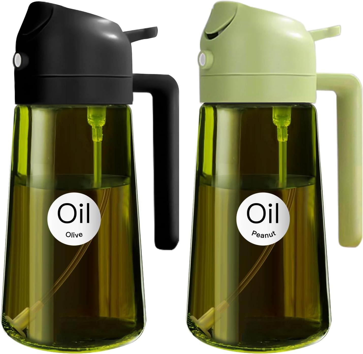 YARRAMATE 16oz/470ml 2-Pack Light Blockage Dark Oil Sprayer & 2-in-1 Olive Oil Dispenser (Green Glass, Black & Green)