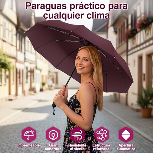 Detalle de ZOMAKE paraguas plegable antiviento pequeño con apertura y cierre automático (rojo oscuro)