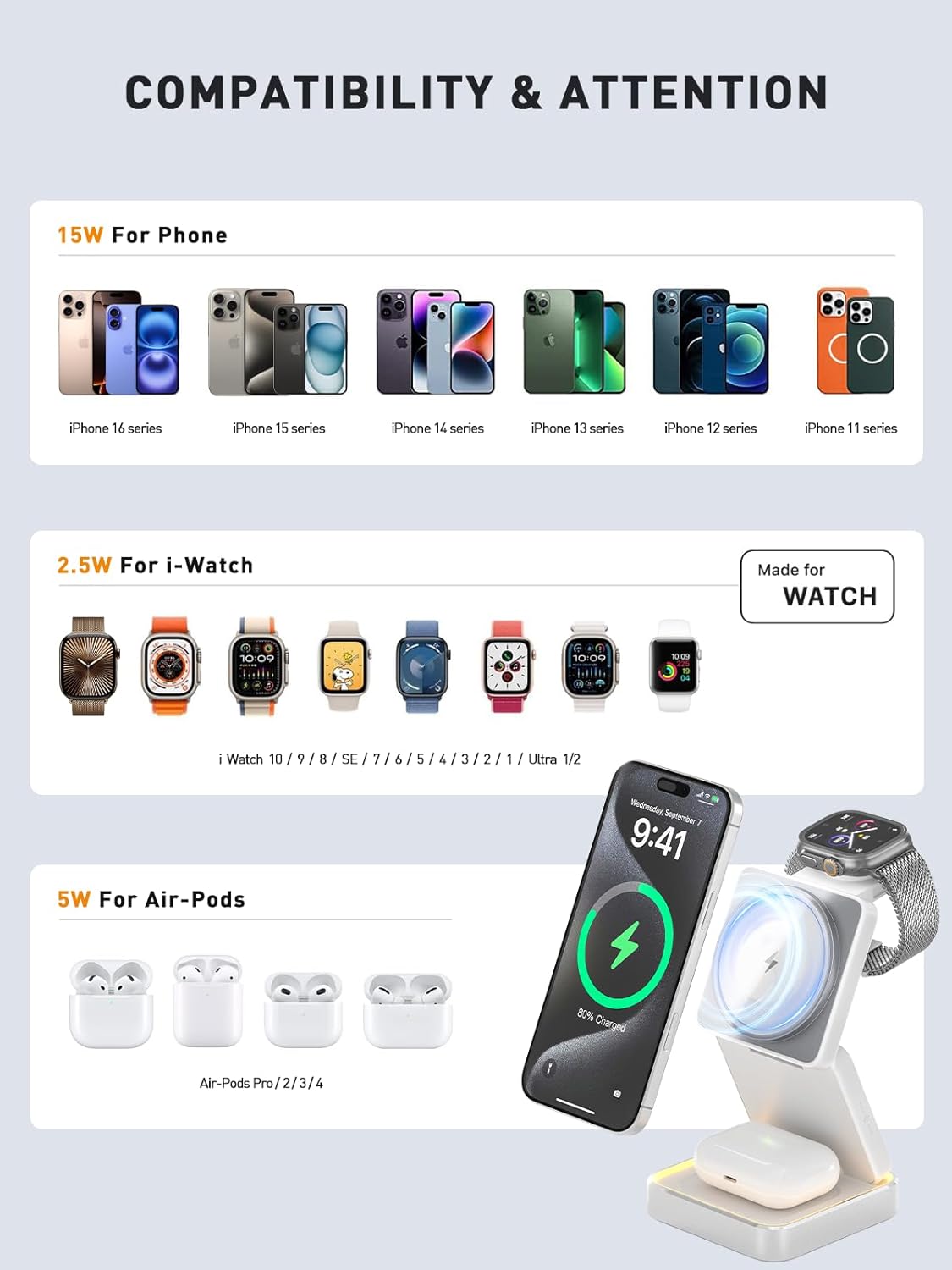 Thumbnail 5 de tigratigro Caricatore Wireless 3 in 1 pieghevole con MagSafe (argento) per iPhone 16/15/14/13/12, Apple Watch e AirPods