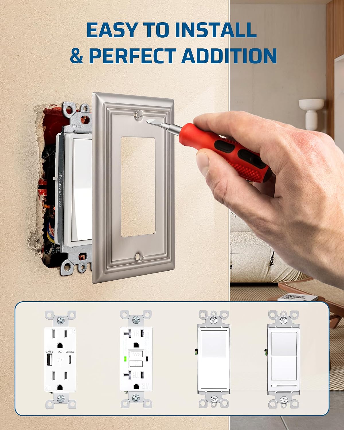 Detalle de DEWENWILS 4-Pack Brushed Nickel Stainless Steel Decorator Wall Plates