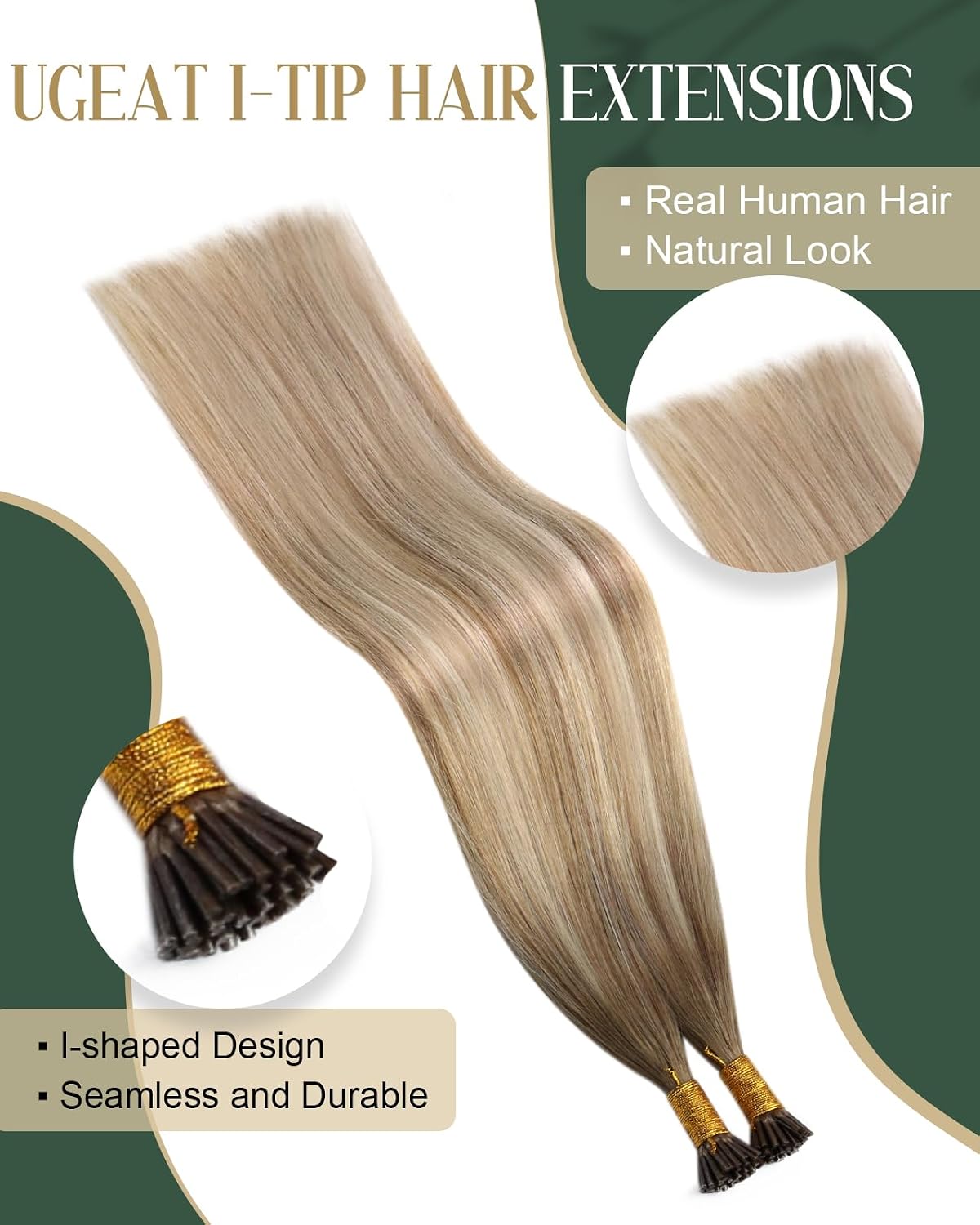 Detalle 2 de Ugeat I-Tip Hair Extensions (Human Hair, Ombre Balayage) — Light Brown Mix Platinum Blonde, 20 Inch, 50S 40G