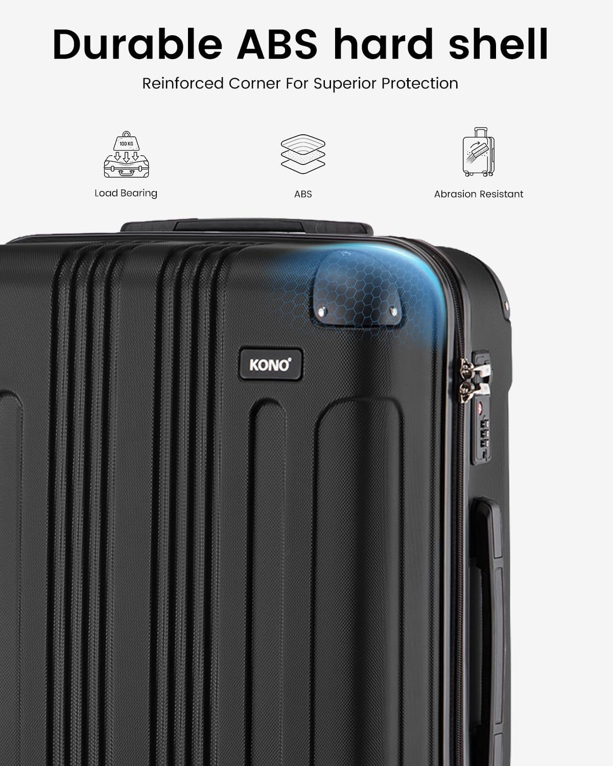 Detalle de Kono 28 Inch Large ABS+PC Hard Shell Suitcase with 4-Wheel Spinner (Black)