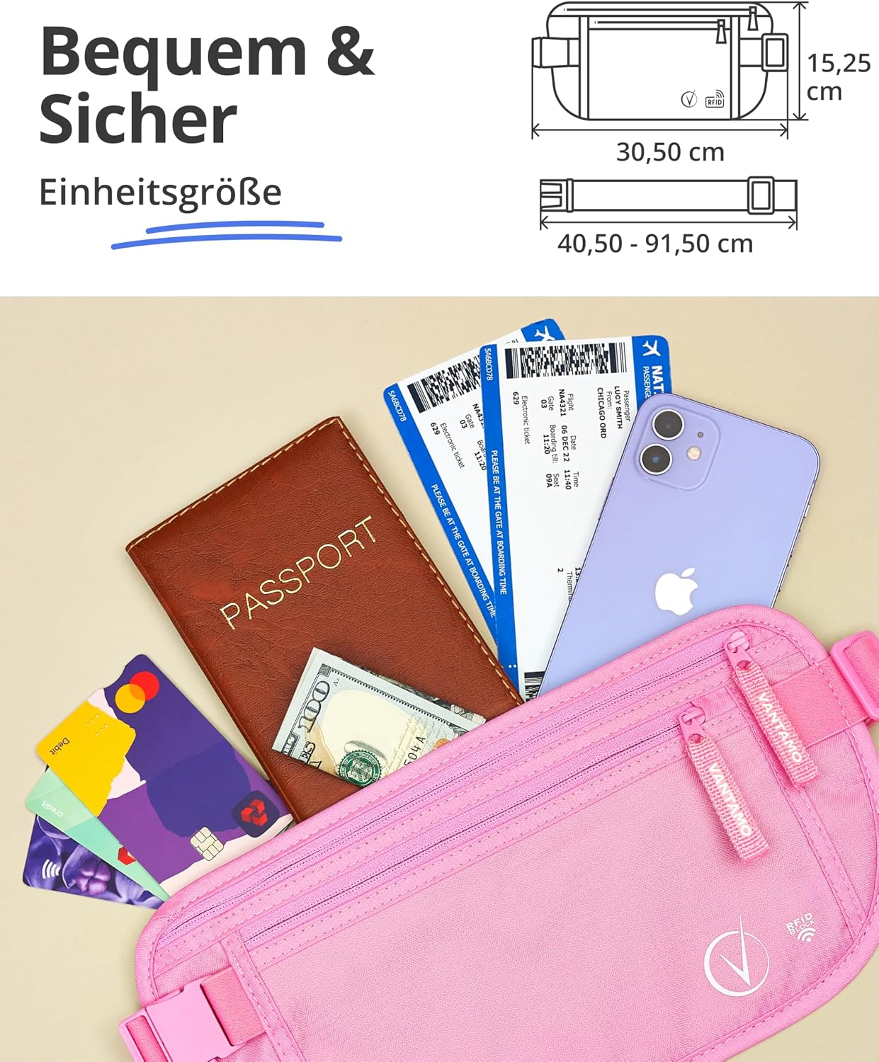 Thumbnail 3 de Vantamo Bauchtasche Damen/Herren ultraflach mit RFID-Schutz – Gürteltasche für Reisen, Laufen & Wandern, 2 Fächer