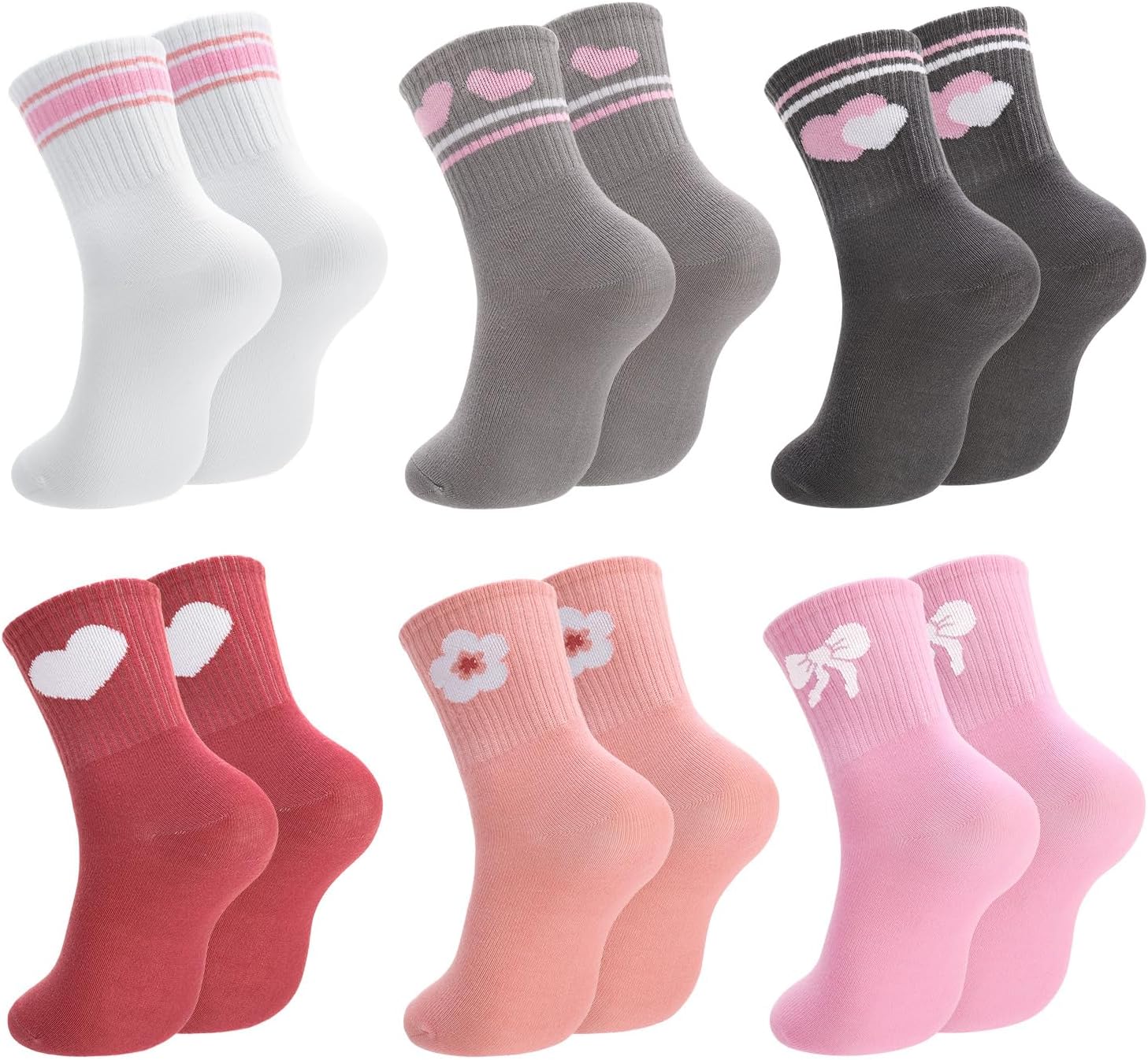 Zuimei 6 Pairs Kids Crew Athletic Socks with Stripes, Hearts, Bow & Flower – UK Size 3-4