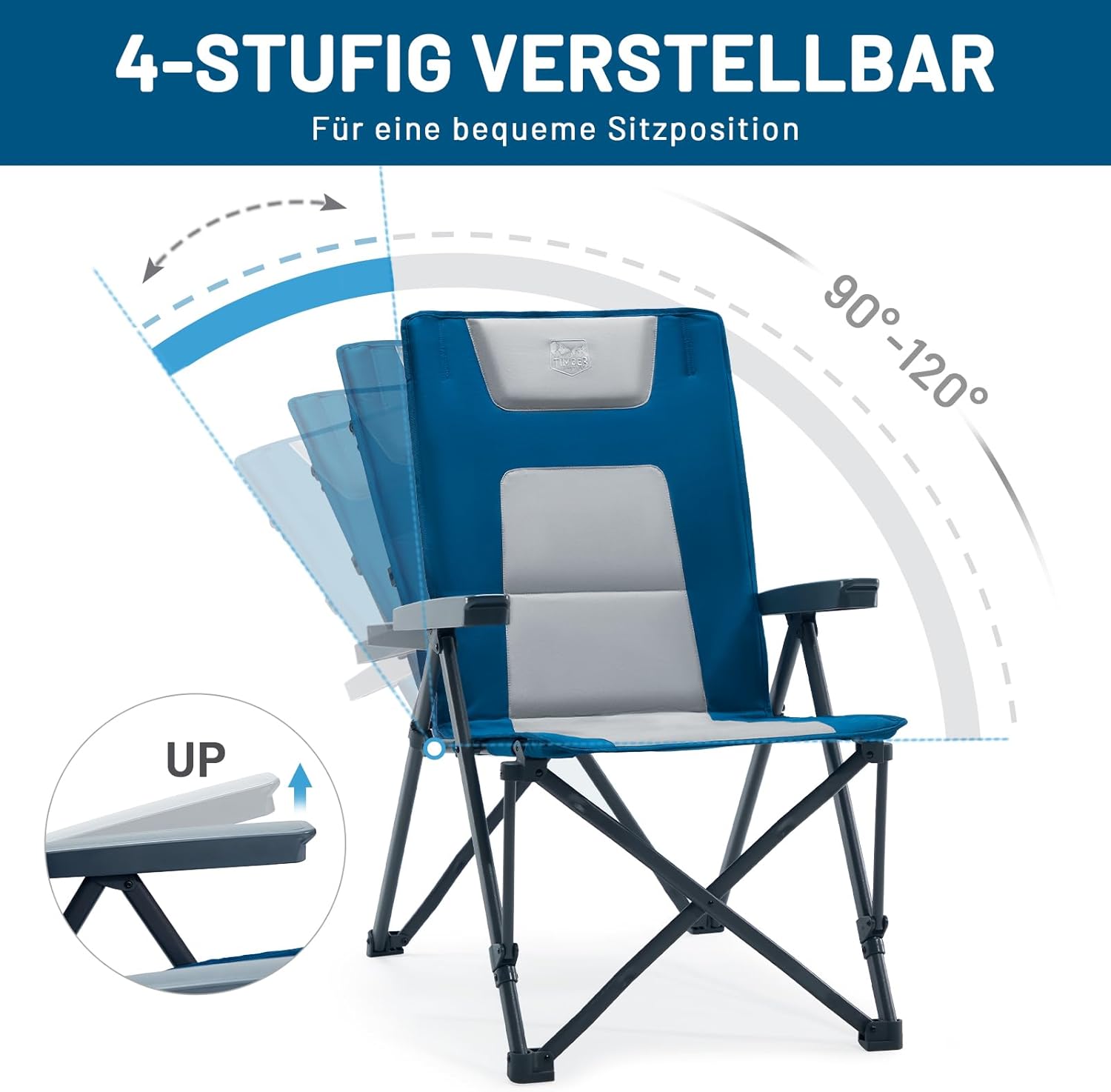 Detalle de TIMBER RIDGE Campingstuhl Faltbar – belastbar bis 260 kg, verstellbare Rückenlehne, gepolstert, inkl. Tragetasche
