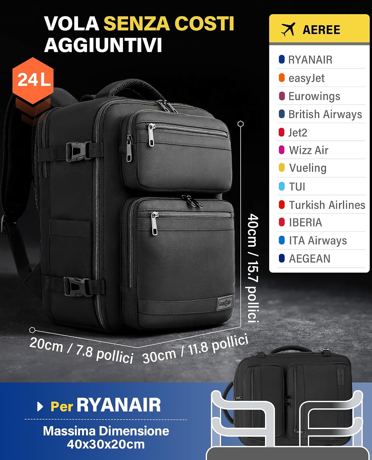 Detalle 2 de VANKEV Zaino da Viaggio 24L