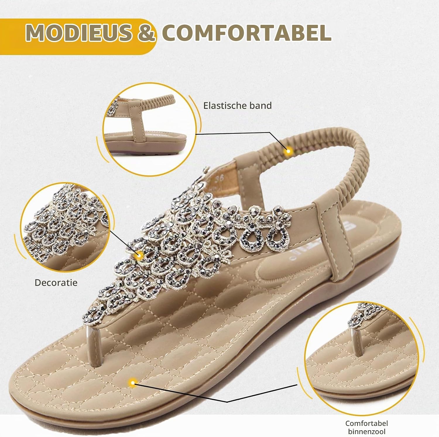 Thumbnail 3 de Acfoda platte dames sandalen met strass, verstelbare enkelband en rubberzool